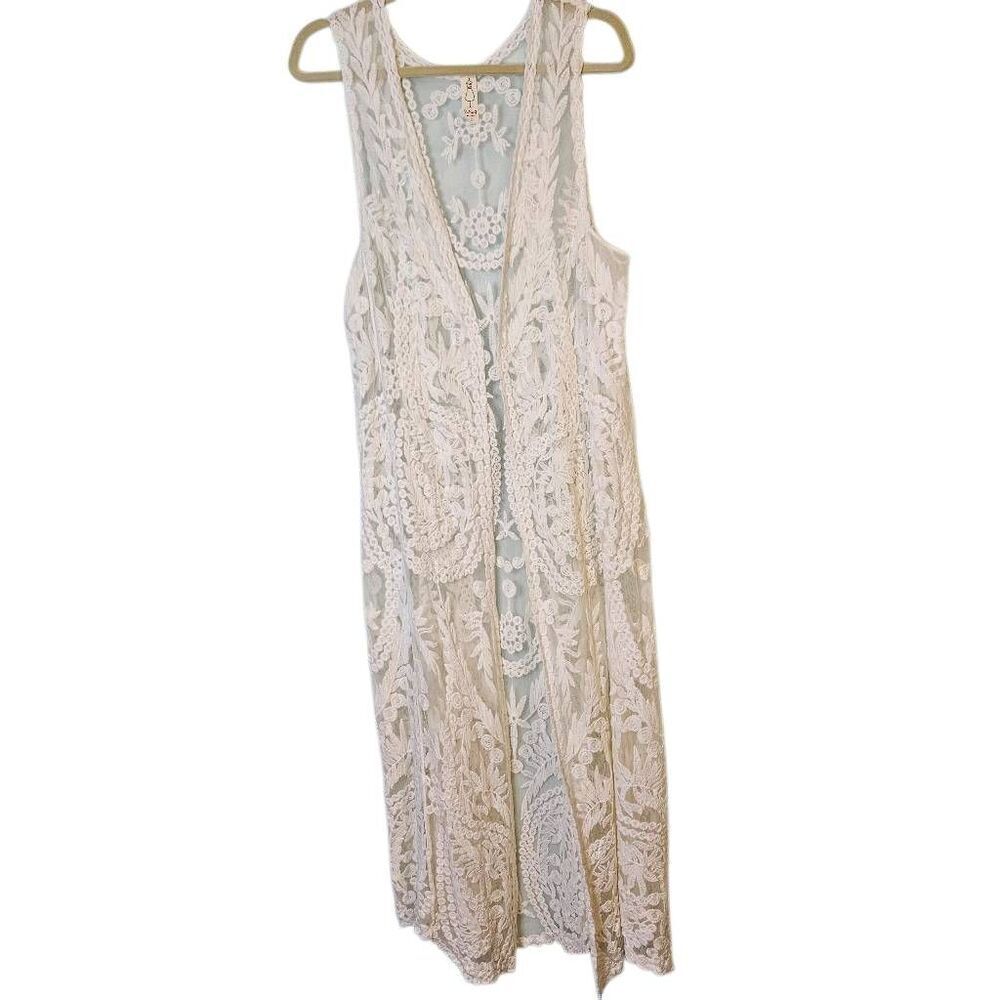 Chalet sleeveless long cardigan,  off white lace, M. #872
